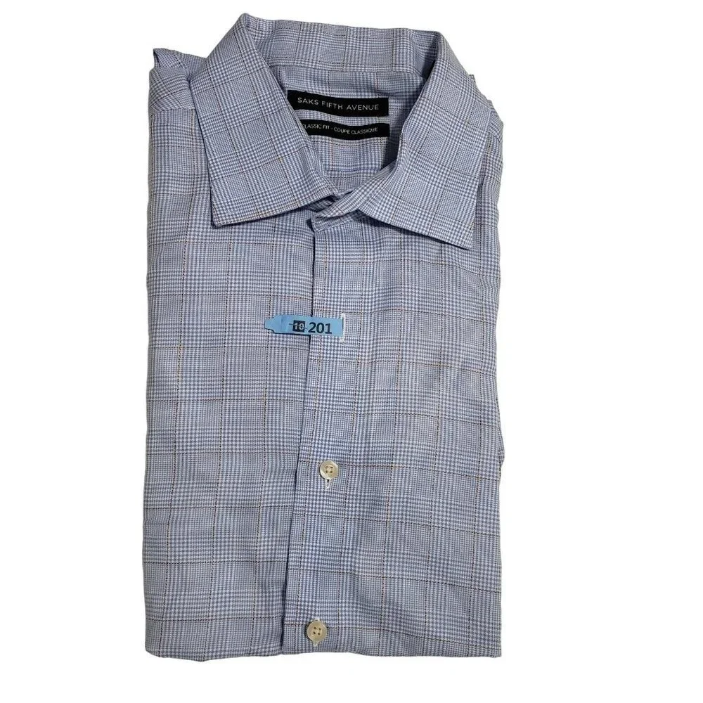 SAKS FIFTH AVENUE Classic Fit Plaid Dress Shirt in Blue Size 16.5